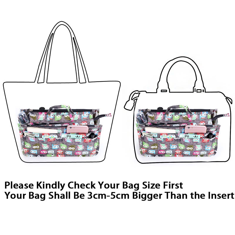 BTSKY Printing Handbag Organizers Inside Purse Insert - High Capacity 13 Pockets Bag Tote Organizer with Handle (Owl) - Image 4